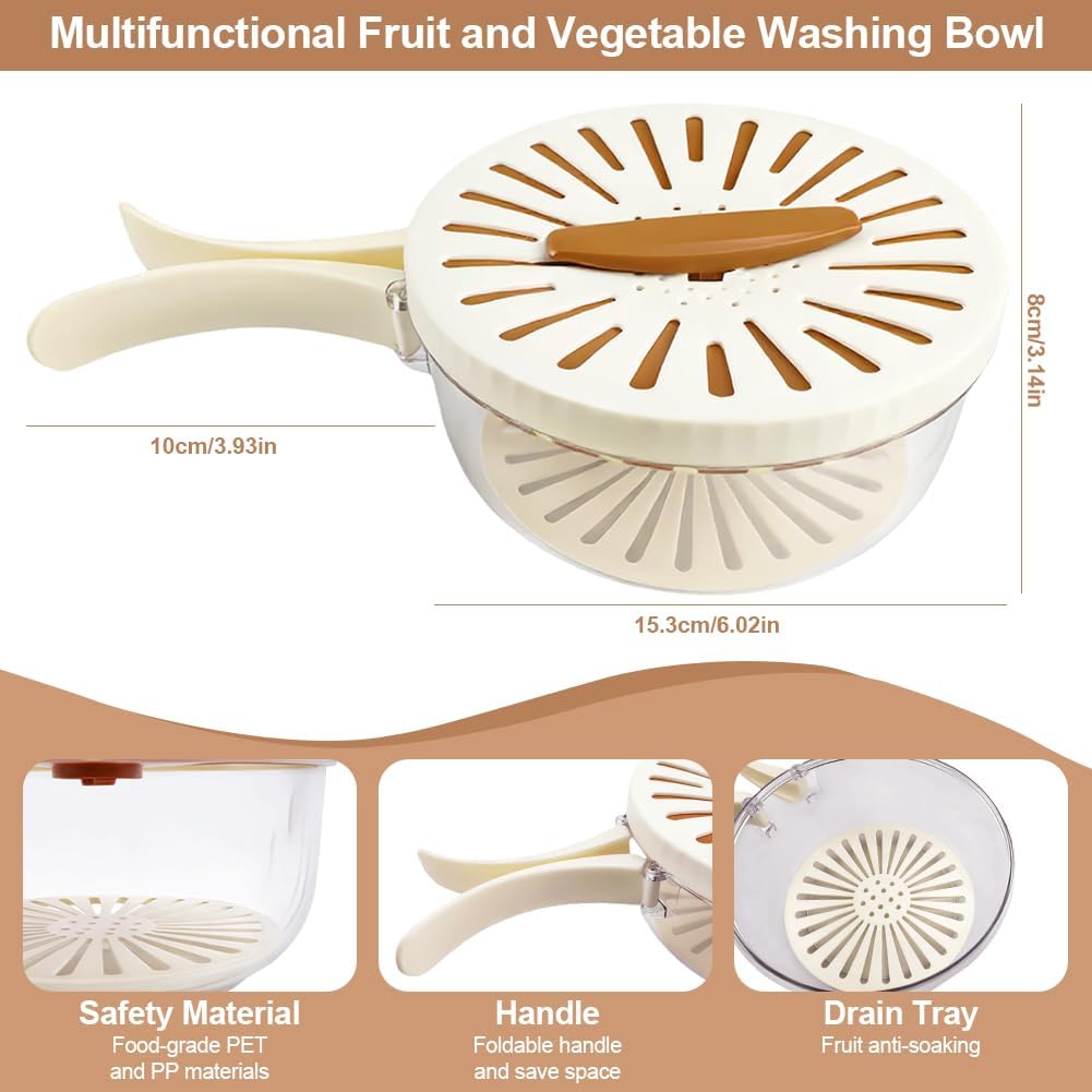 Multifunctional Fruit Washing Bowl, Berry Washing Bowl,Foldable Handle Fruit Strainer Container with Lid, Kitchen Colanders & Food Strainers, Suitable for Washing Fruits and Vegetables