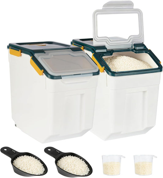 2 Pack Rice Container 50 lbs Large Bulk Flour Sugar Storage Holdhouse Plastic Grain Cereal Dry Goods Bin with Spoon and Measuring Cup for Kitchen Pantry Organization - Green