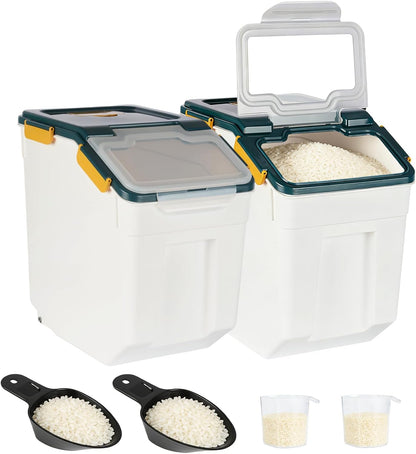 2 Pack Rice Container 50 lbs Large Bulk Flour Sugar Storage Holdhouse Plastic Grain Cereal Dry Goods Bin with Spoon and Measuring Cup for Kitchen Pantry Organization - Green