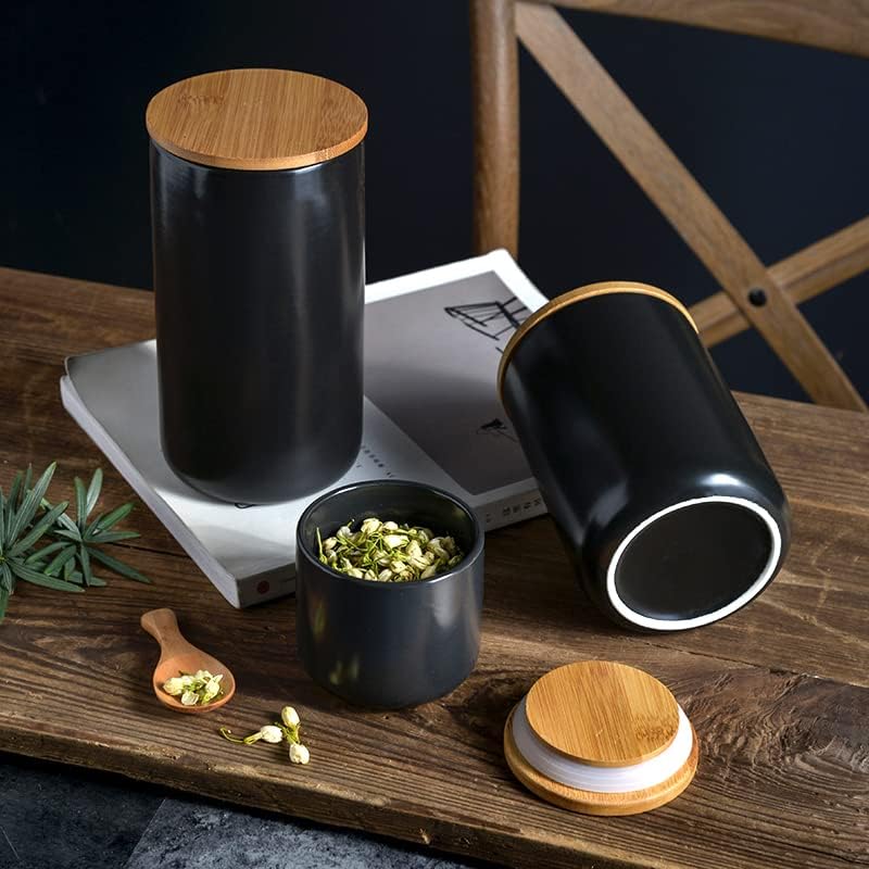 Ceramic Food Storage Jar Canister Modern Design Food Canisters with Airtight Seal Bamboo Lid, Loose Tea Coffee Spice Nuts Snacks Storage Jar Canister (Black 7.03oz/200ml)