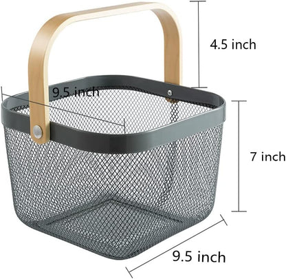 Mesh Steel Storage Organizer Basket Fruit Basket Bin with Wood Handle Ideal for Kitchen Bathroom Picnic Baskets Pantry Cabinets Storage Home Decor (White)