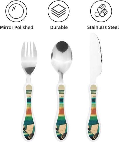 3-Piece Kids Silverware Set With Storage Case, Stainless Steel Reusable Children Safe Knife Spoon Fork Set Beach House Children Flatware Set For Kids Lunch Box