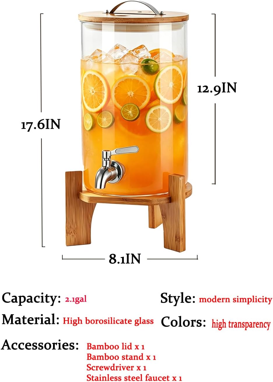Beverage Dispenser,2.1 Gallon Glass Drink Dispenser with Stand,Glass water dispenser with Spigot, Large Drink Dispensers for Parties,Water Dispensers for Bar,Wedding,Restaurants 8L