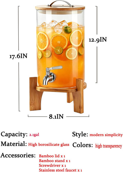 Beverage Dispenser,2.1 Gallon Glass Drink Dispenser with Stand,Glass water dispenser with Spigot, Large Drink Dispensers for Parties,Water Dispensers for Bar,Wedding,Restaurants 8L