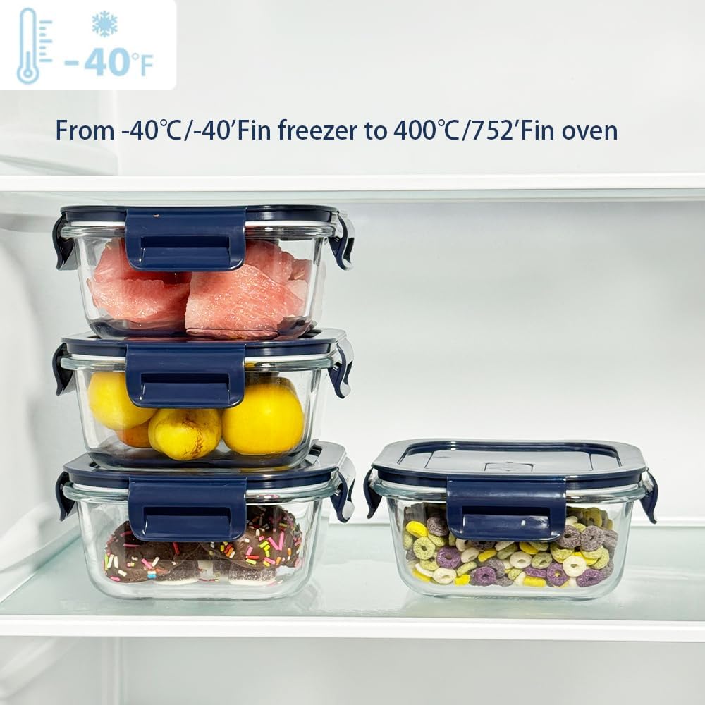 16oz Square Glass Food Storage Containers With Lids, 2 Cup Square Glass Food Containers With Lids, BPA free Small Meal Prep Bowls for leftovers, Dishwasher, Freezer Safe (8Pack)