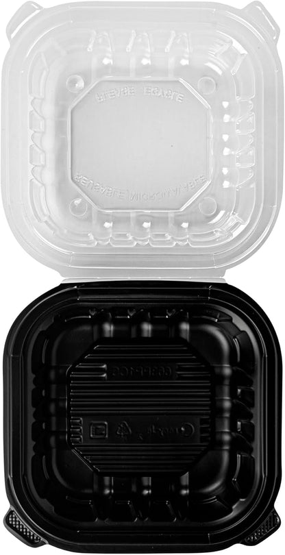 Thermo Tek 40 Ounce Clamshell Containers, 50 Disposable Take Out Boxes - 3 Compartments, Ventilated Lids, Black Plastic Meal Prep Containers, Microwavable, For Pasta Or Salads - Restaurantware