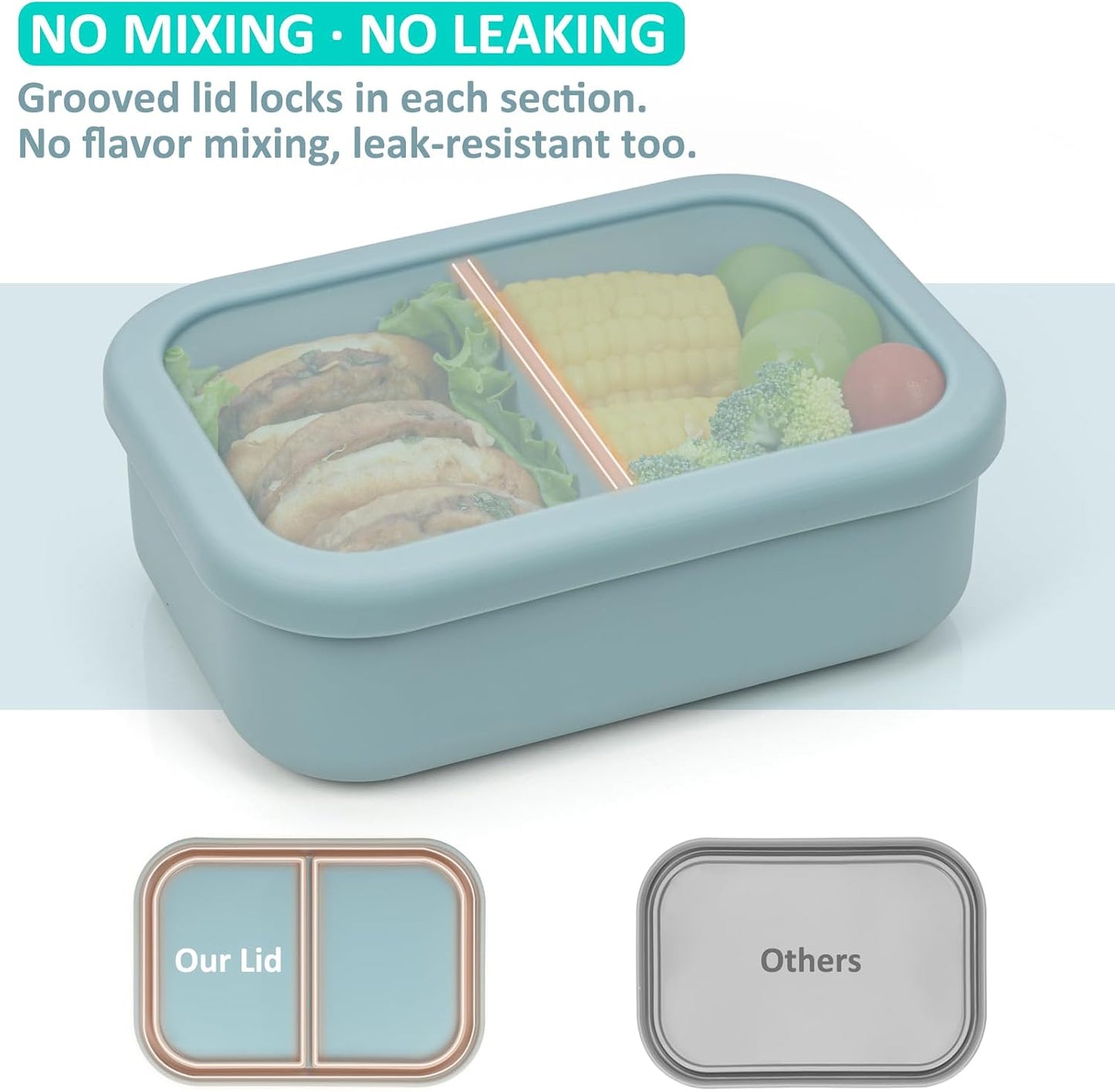 Silicone Bento Box Adult Lunch Container, 3 Compartment Container, Food Grade Silicone Bento Lunch Box for Work Travel Meal Prep, Leak-proof Food Storage Container（1 Pack Nile Blue）
