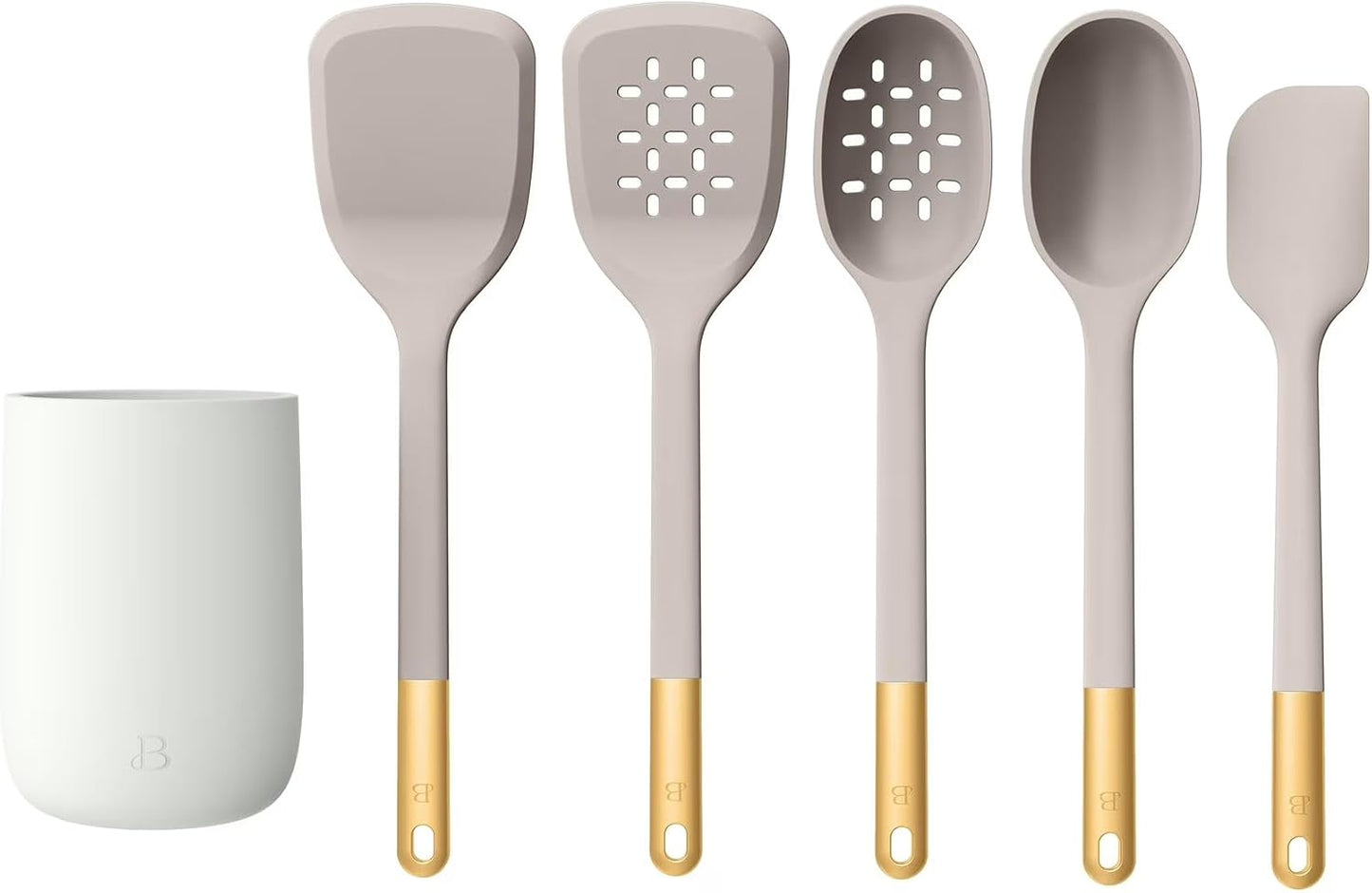 6 Piece Silicone Kitchen Utensil Set with Holder, Heat Resistant Cooking Tools, Nonstick Safe Spatula Spoon Turner Set with Ceramic Storage Crock