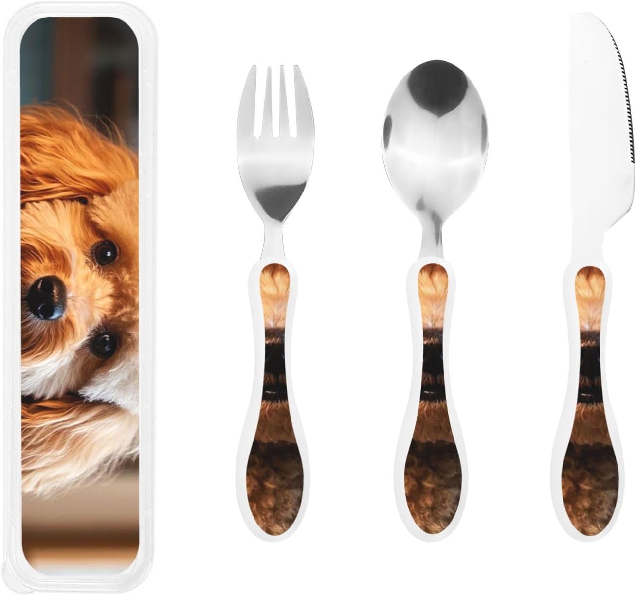 3-Piece Kids Silverware Set With Storage Case, Stainless Steel Reusable Children Safe Knife Spoon Fork Set Cute Puppy Children Flatware Set For Kids Lunch Box
