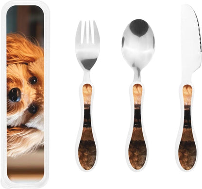 3-Piece Kids Silverware Set With Storage Case, Stainless Steel Reusable Children Safe Knife Spoon Fork Set Cute Puppy Children Flatware Set For Kids Lunch Box