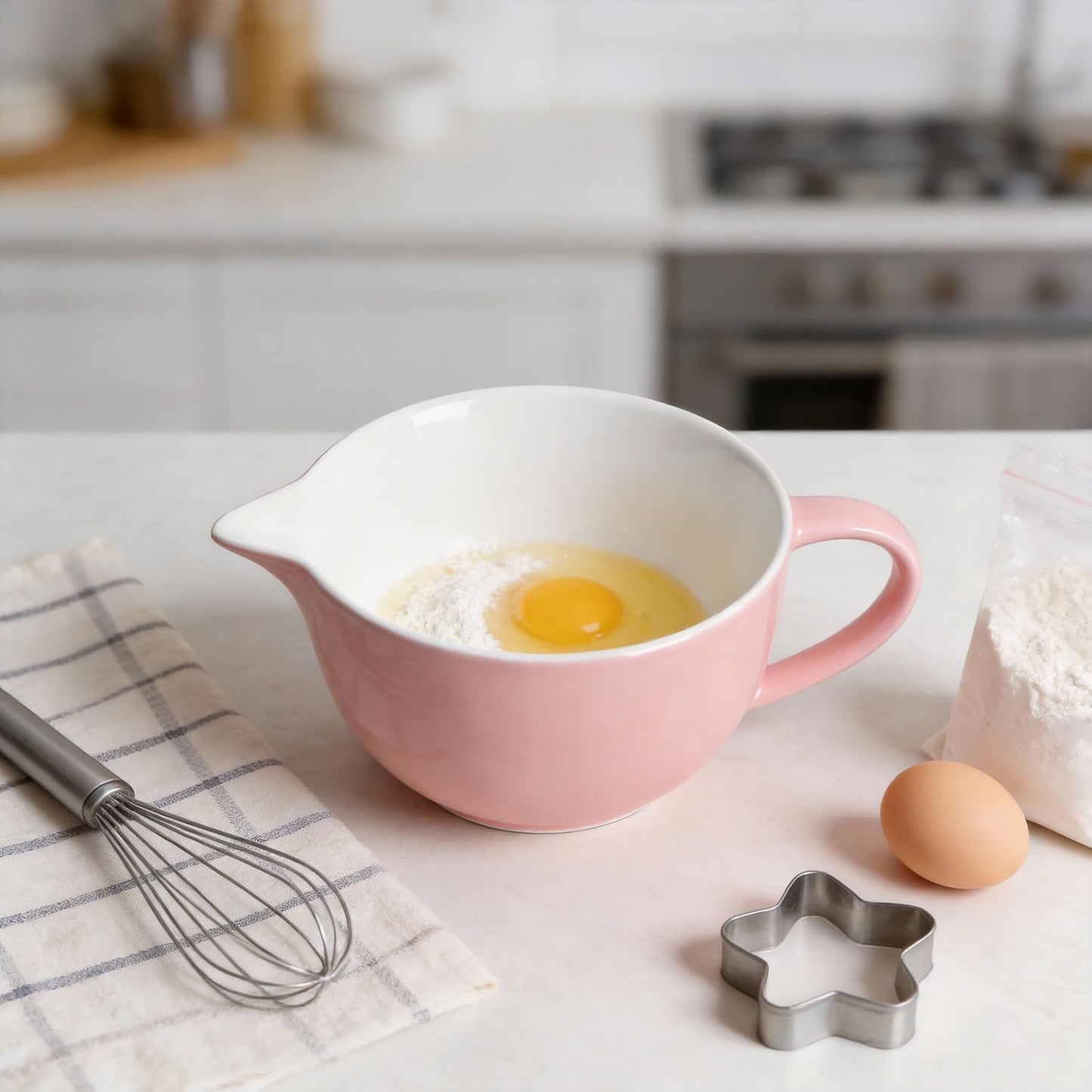 Gaolinci Simple Solid Color Kitchen Ceramic Mixing Bowl, 1 Quart Large Bowl, with Pouring Spout and Handle