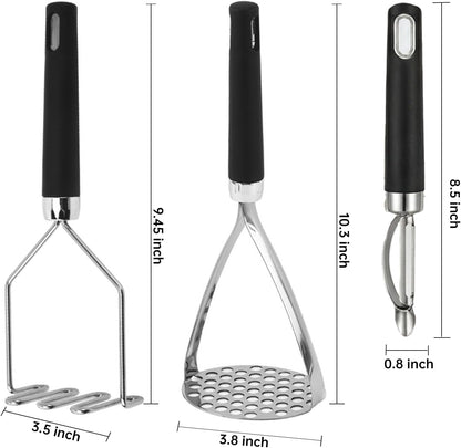 3-Piece Potato Masher & Peeler Set – 2 Stainless Steel Food Mashers + 1 Sharp Vegetable Peeler, Non-Slip Handles for Mashing Potatoes, Avocado, Beans, Veggies & Fruit, Easy to Clean & Dishwasher Safe