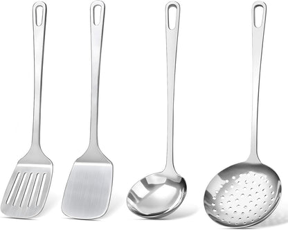 4 Pcs Cooking Utensils Set, Stainless Steel Kitchen Utensils, Heat Resistant Metal Kitchen Tools Include Solid & Slotted Turner Wok Spatula, Serving Spoon, Ergonomic Handle, Easy to Clean, Silver