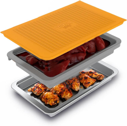 PREP ‘N Serve Premium Set™ - Plastic Container with Lid for Marinades, Stainless Steel Serving Tray, Aluminum Defrosting Tray, and a Plastic Cutting Board - the Ultimate BBQ Food Prep Utensil Set