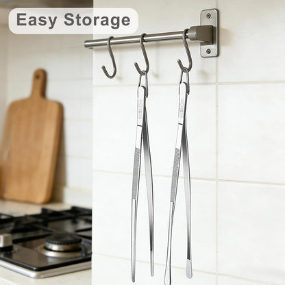2 Pcs 12-Inch Stainless Steel Kitchen Tweezers, Dual-Tip Serrated Tongs with Hook - Heat-Resistant Non-Slip Cooking Tweezers for BBQ, Grilling, Plating & Serving