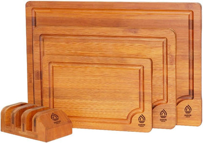 Bamboo Cutting Board Set of 3, Wooden Cutting Boards for Kitchen with Holder for Countertops, Solid Thick Wood Chopping Boards with Juice Grooves and Non Slip Feet for Chopping Meat Vegetables Fruits