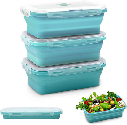 Alimat PluS 40.5oz Silicone Collapsible Food Storage Containers with Lids, 3 Pack Set 1200ml Folding Large Meal Prep Lunch Containers, Microwave, Freezer and Dishwasher Safe