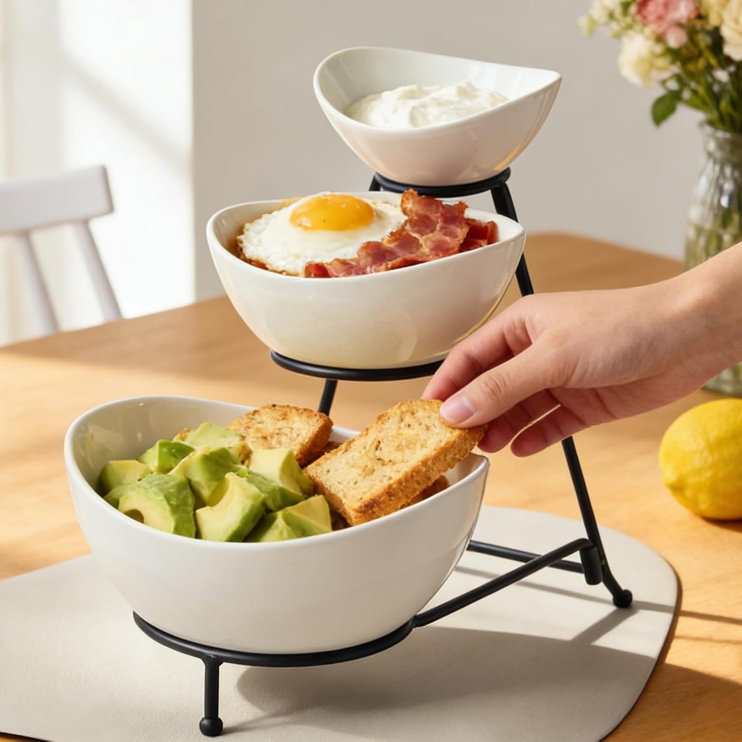 Gomakren 3 Tiered Oval Serving Bowl with Collapsible Metal Rack, Chip and Dip Serving Set, Dessert Appetizer Bowl Set (45oz / 17.5oz / 7oz), Serving Bowls For Mothers Day Entertaining (Gold Stand)