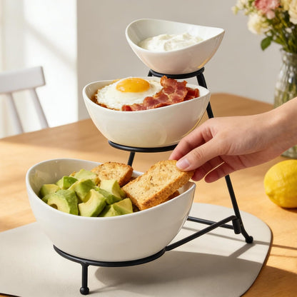 Gomakren 3 Tiered Oval Serving Bowl with Collapsible Metal Rack, Chip and Dip Serving Set, Dessert Appetizer Bowl Set (45oz / 17.5oz / 7oz), Serving Bowls For Mothers Day Entertaining (Gold Stand)