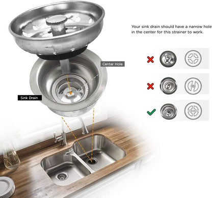 Highcraft 97333 Kitchen Sink Basket Strainer Replacement for Standard Drains (3.25 Inch) Chrome Plated Stainless Steel Body With Rubber Stopper, 3.25"