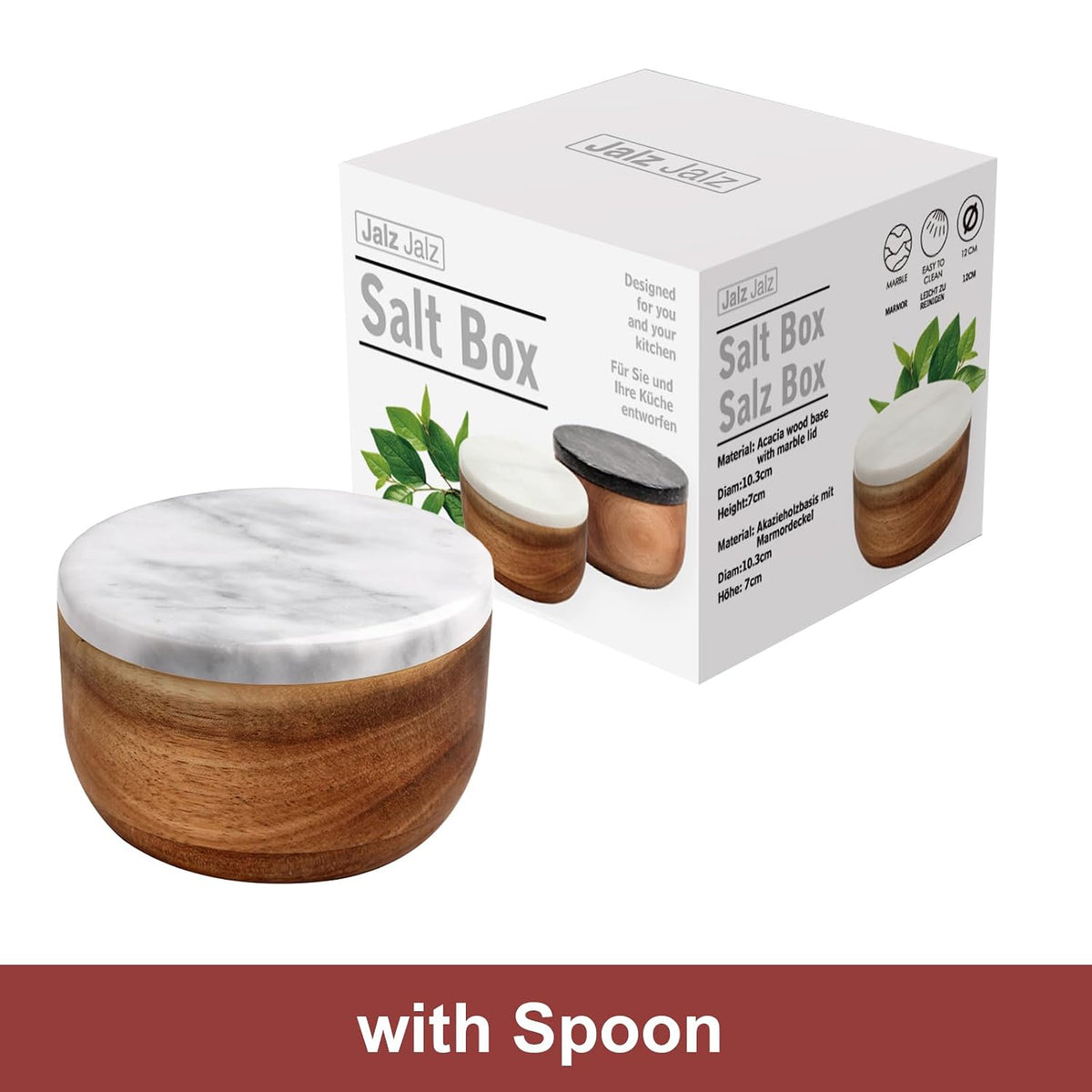 jalz jalz Acacia Wood Salt Cellar with white Marble Lid, 10oz Pinch Pot & Spoon
