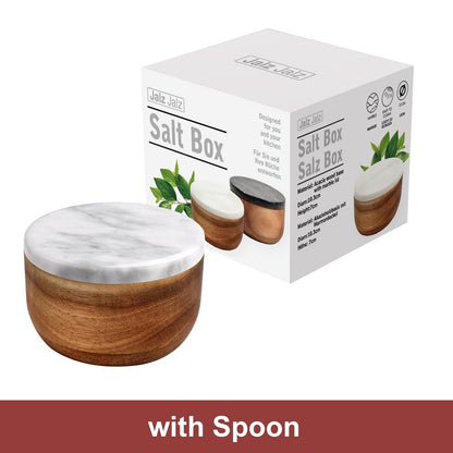 jalz jalz Acacia Wood Salt Cellar with white Marble Lid, 10oz Pinch Pot & Spoon