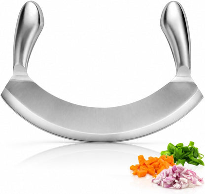 8.7 Inch Stainless Steel Mezzaluna Knife, Double Handle Rocker Pizza Cutter, Sharp Curved Blade Multipurpose Salad Chopper Mincing Knife for Vegetables, Fruits & Herbs
