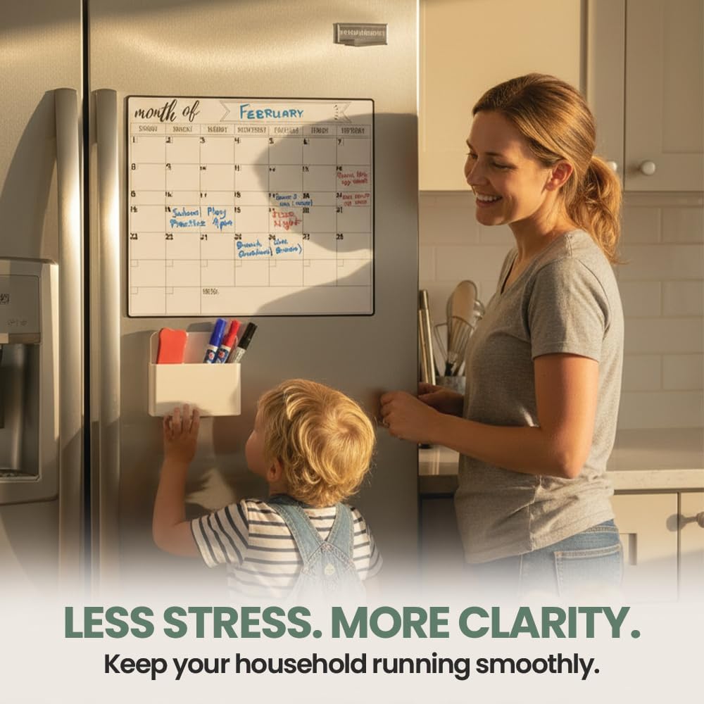 Magnetic Fridge Calendar 15” x 12” – Dry Erase Fridge Calendar with Full-Back Magnet, Monthly Refrigerator Planner Board with Magnetic Pen Holder, 6 Markers & Eraser, Reusable Kitchen Organizer