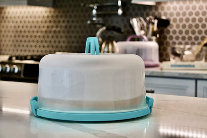 Top Shelf Elements Round Cake Carrier Two Sided Cake Holder Serves as Five Section Serving Tray, Portable Cake Stand Fits 10 inch Cake, Cake Box Comes With Handle, Cake Container Holds Pies (White)