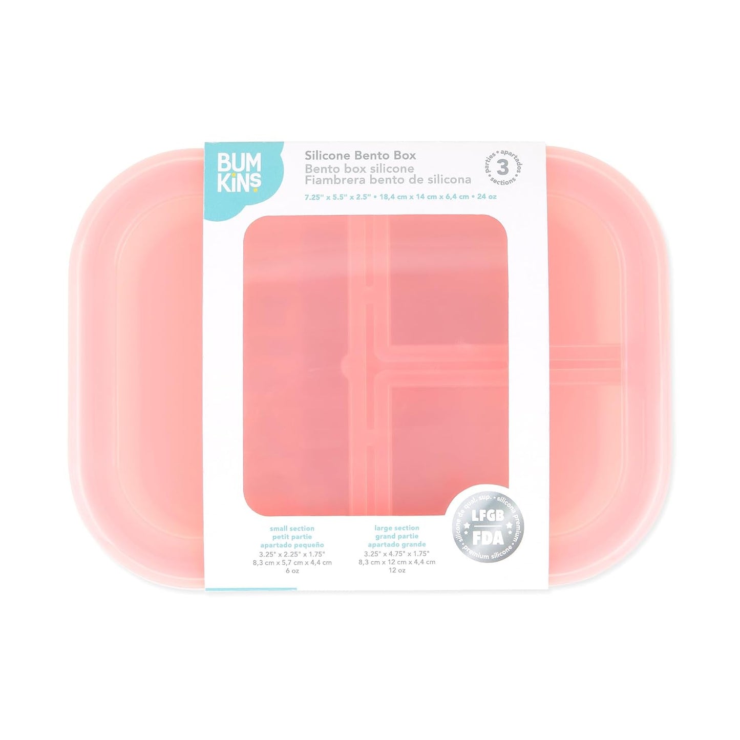Bumkins Snack/Lunch Bento Box for Kids and Adults, 3 Compartment Container, Leak Proof Lid, for Portioning, Large Section Can Hold Sandwich, Food-Safe LFGB Platinum Silicone, Microwave-Safe, Pink