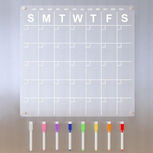 Acrylic Fridge Calendar 12x12 - Magnetic Dry Erase Board with 8 Markers