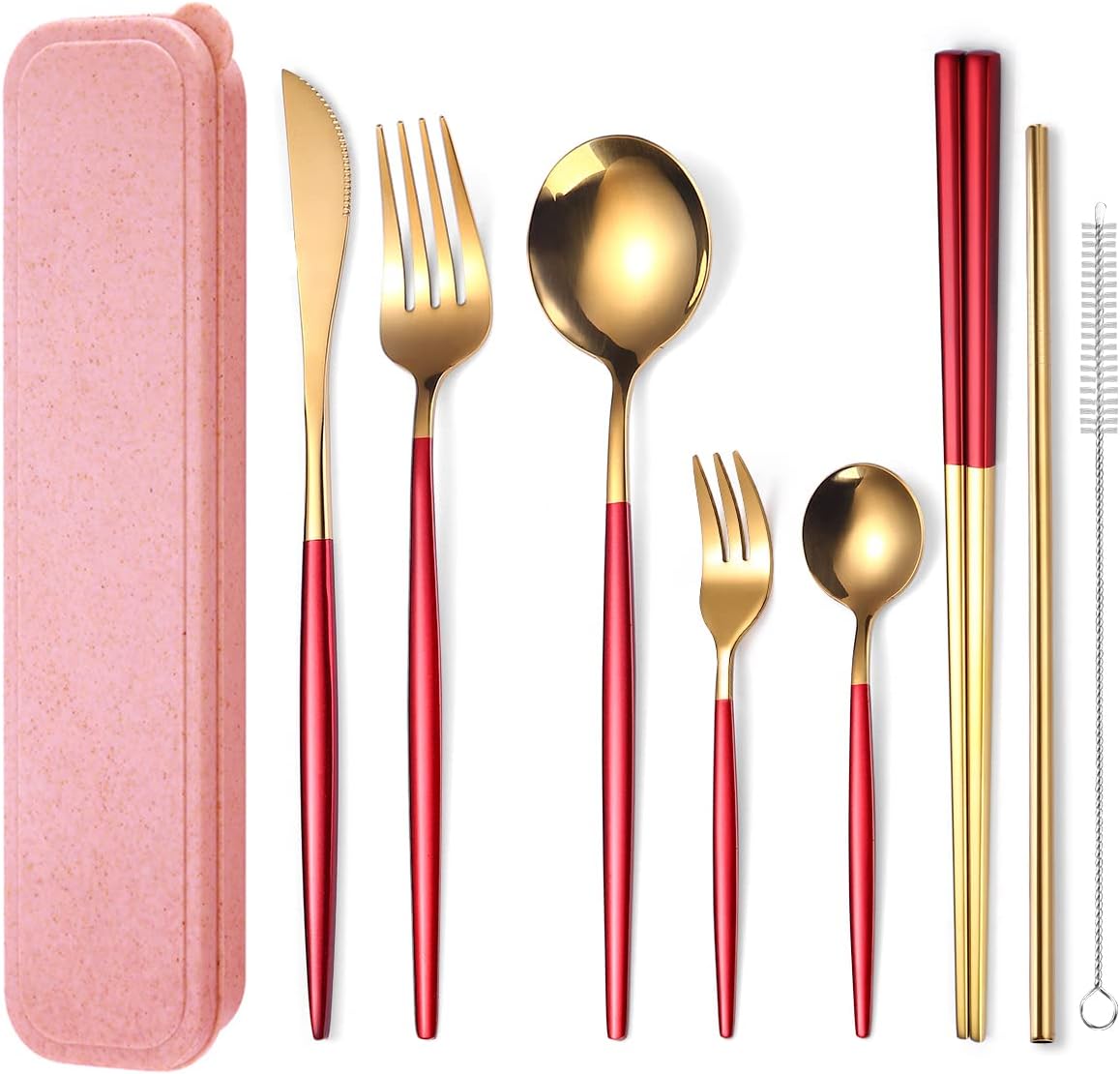 AARAINBOW 8 Pieces Stainless Steel Flatware Set Portable Reusable Cutlery Set Travel Utensils Set Including Chopsticks Knife Fork Spoon Straws Cleaning Brush Dishwasher Safe (Pink Golden)