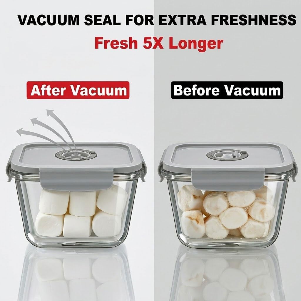 3-Piece Rectangle Glass Vacuum Food Storage Containers Set with Hand Pump & 10 Sealer Bags, Borosilicate Airtight Meal Prep Lids with Date Tracker, Leakproof, Freezer & Microwave Safe [21/35/50 Oz]