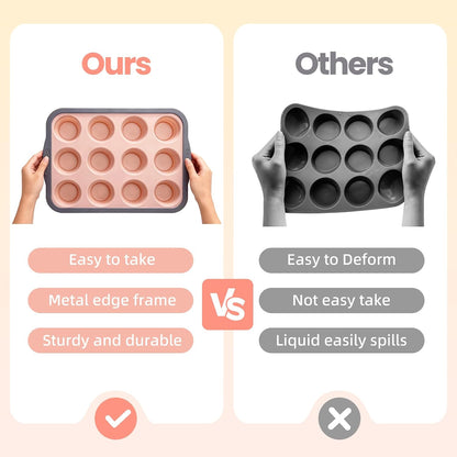 Silicone Muffin Pan, 12 Cups Non-Stick Cupcake Pan, Food-Grade BPA-Free Muffin Tin, Oven-Safe 450 °F, Reinforced Steel Frame, Easy-Grab Handles, Quick-Release 2.3" Baking Molds for Mini Treats