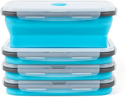 Collapsible Silicone Food Storage Containers Set with Lid & Air Vent,Foldable Lunch Containers(4PCS,Blue,27oz)