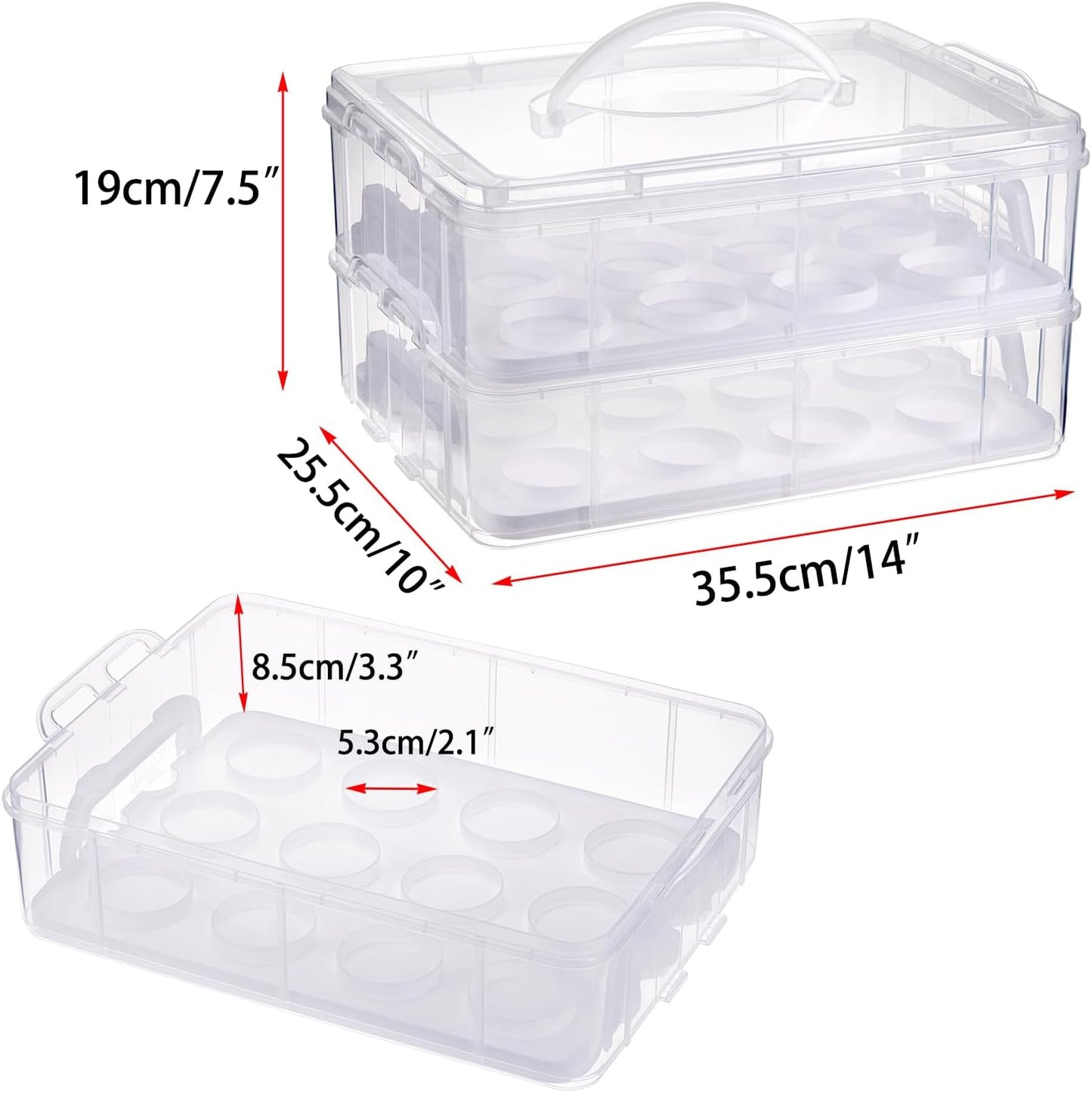 BTSKY 2 Tier Clear Plastic Cupcake Holder with Lid & Handles, Portable Cupcake Carrier for 24 Cupcakes, Stackable Cupcake Storage Container with Convenient Slot Tray Large Plastic Storage Box, White