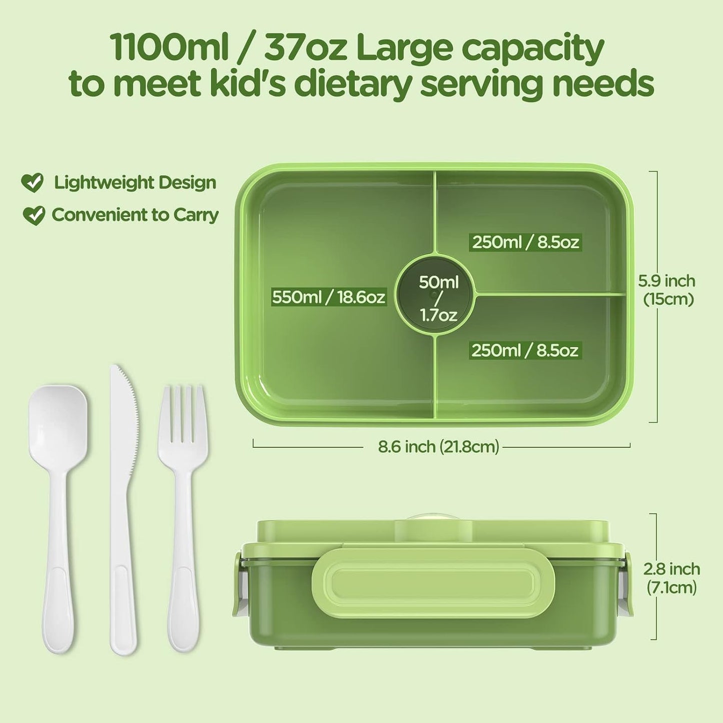 Jelife Bento Lunch Box for Kids - Leakproof Large Bento-Style with 4 Compartments Portions Lunchbox with Tableware Back to School, Reusable On-the-Go Meal and Snack Packing, Blue