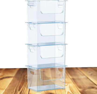 Stackable Storage Bins Open Front with Side Handles, 4 Pack - Clear | Sturdy Plastic, Easy Stacking Bins for Pantry, Closet, Kids Room & Art Studio Organization