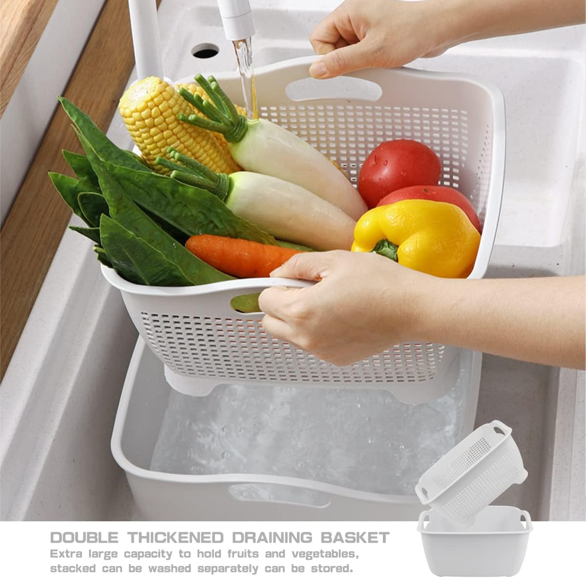 Double-layer Draining Basket Plastic Fruits & Vegetable Washing Basket for Kitchen (Blue)