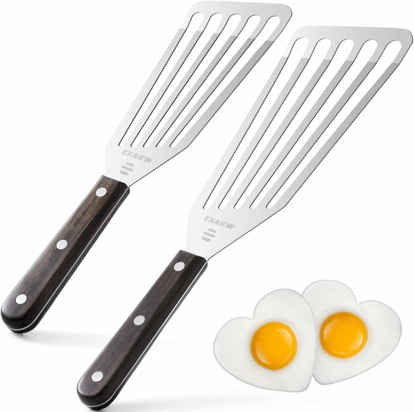 2 Pack Fish Spatula Stainless Steel - Metal Spatula Set, Wooden Handle | Kitchen Slotted Fish Turner/Spatula Set [ Large+Medium ] for Cooking & BBQ, Flipping Eggs, Burgers and Baking, Perfect Gifts
