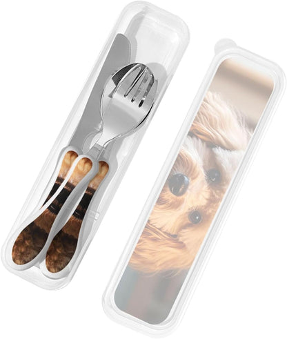 3-Piece Kids Silverware Set With Storage Case, Stainless Steel Reusable Children Safe Knife Spoon Fork Set Cute Puppy Children Flatware Set For Kids Lunch Box