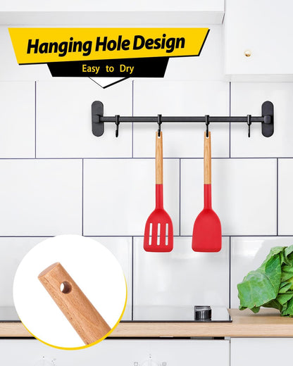 Pack of 2 Silicone Cooking Spatula, Heat Resistant Solid Turner, Non Stick Slotted Spatulas with Wooden Short Handle,Ideal Wood Kitchen Utensils Set for Frying, Baking, Flipping, Turning