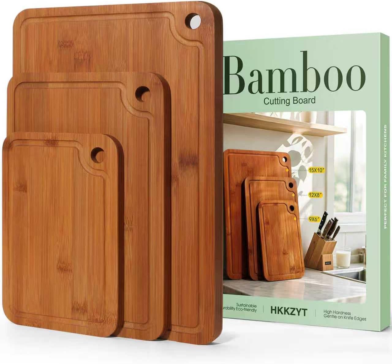 Deep-Carbonized Wood Cutting Board Set, HKKZYT 3 Pack Bamboo Chopping Boards for Kitchen with Side Handles, Charcuterie Board Juice Groove Knife-Friendly for Heavy Duty