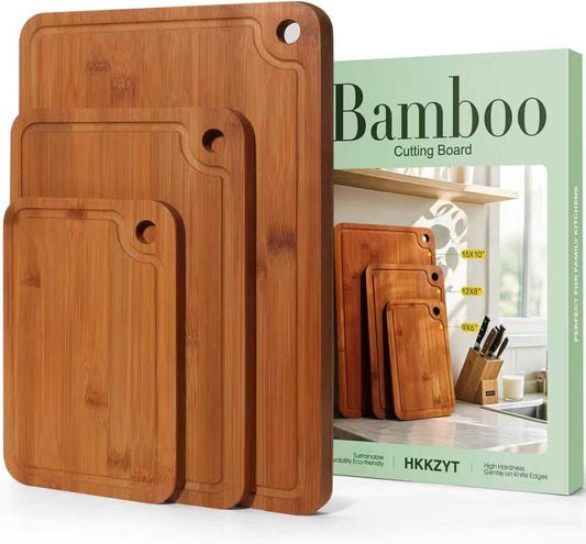 Deep-Carbonized Wood Cutting Board Set, HKKZYT 3 Pack Bamboo Chopping Boards for Kitchen with Side Handles, Charcuterie Board Juice Groove Knife-Friendly for Heavy Duty