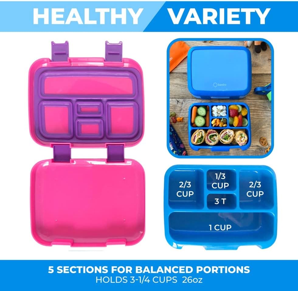Kinsho Bento Lunch Box for Kids Toddlers, 5 Portion Control Sections, BPA Free Removable Plastic Tray, Pre-School Kid Toddler Daycare Lunches, Snack Container Ages 3 to 7 (Blue Space Rockets)