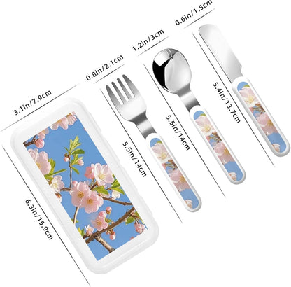 Stainless Steel Kids Silverware Set, Japanese Floral Cherry Blossom Utensil Set Reusable Children Safe Knife Spoon Fork Set With Storage Case Dishwasher Safe For Lunch, Travel Outdoors