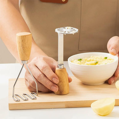 Small Potato Masher,Stainless Steel Tool Ergonomic Non‑Slip Wooden Handle