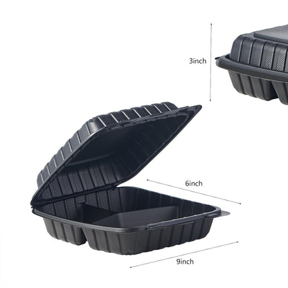 8X8 3-Compartment 50-Pack Plastic Clamshell Takeout Food Trays Heavy Duty Togo Disposable Box Carryout Meal Prep Packaging Catering Hinged Containers With Secure Snap Lid (Formerly FULING)