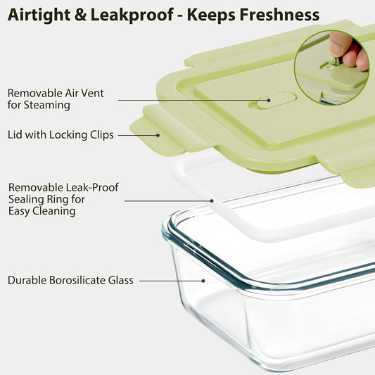 Freshmage 5 Pack 25oz Glass Meal Prep Containers with Air Vent Lids | Borosilicate Glass丨Snap Airtight Lids丨Lunch & Food Prep丨Microwave Oven Freezer Dishwasher Safe丨BPA-Free丨Rectangular