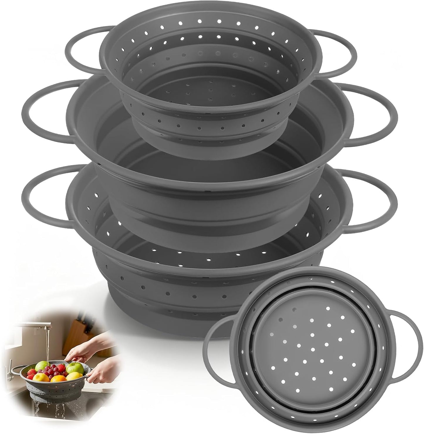 3 Pack Collapsible Colander with Strainer Bowl Set, 11 & 13 In BPA-Free Silicone Colanders for Kitchen, Heat-Resistant Strainer Dishwasher Safe Baskets for Vegetable Fruits(White)